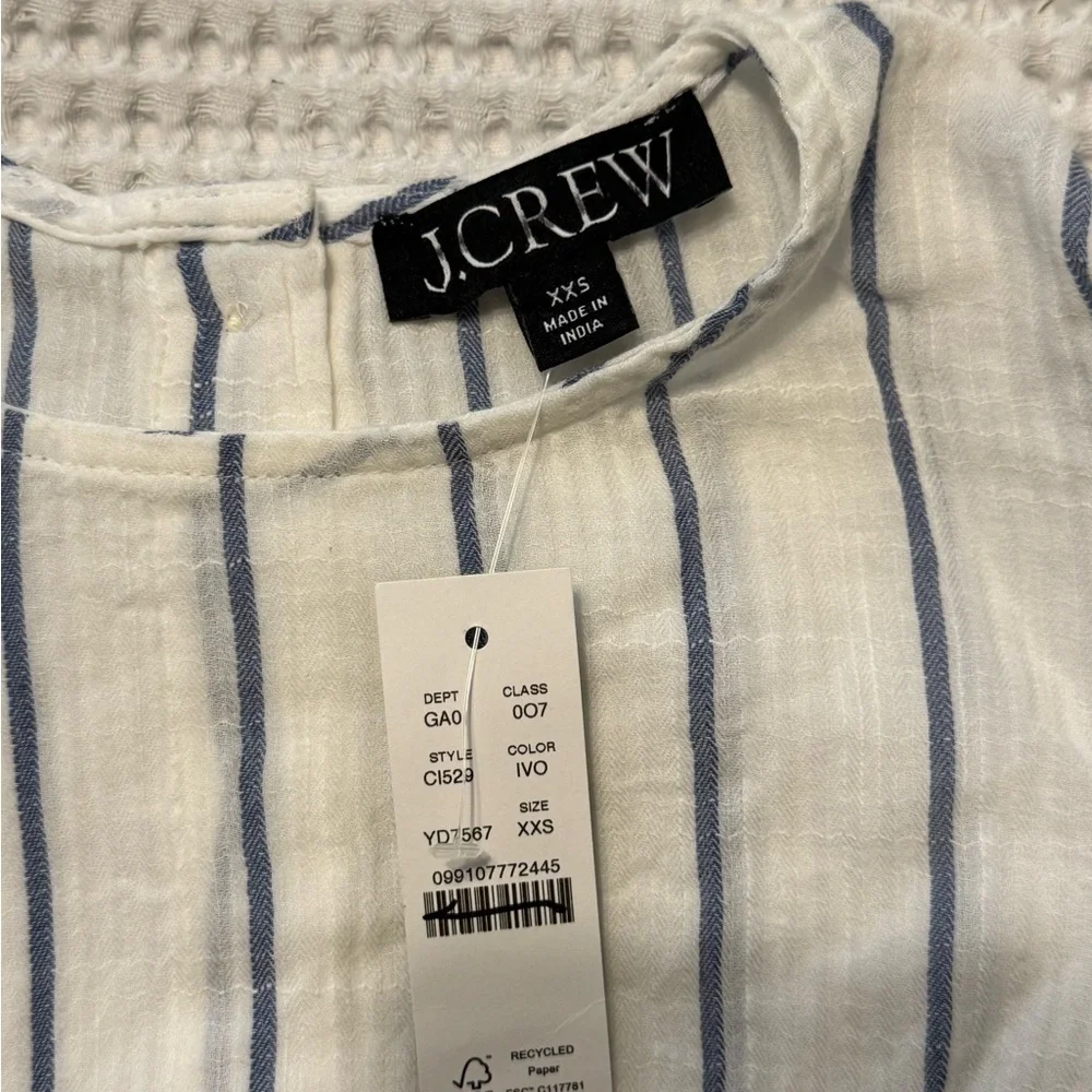 J. Crew Puff-sleeve Top In Sheer Gauze White and Blue Striped Blouse NWT XXS